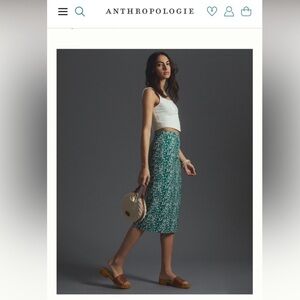 Hutch Linen Midi Skirt Side Slit Bird Print Button Front Green White Size 4